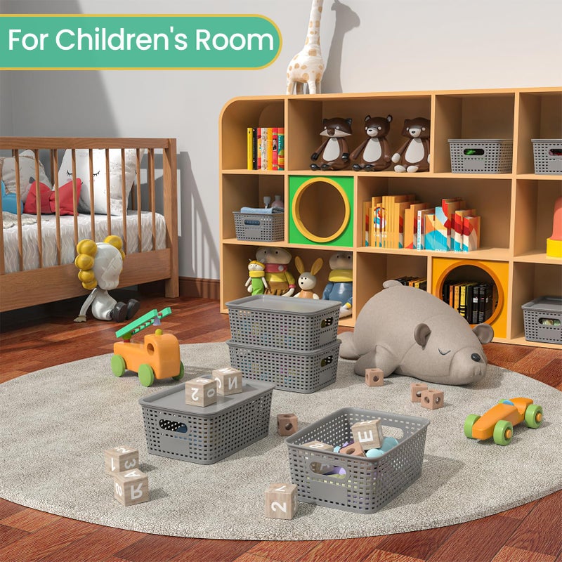 Ohmlove Plastic Storage Baskets with Lid-Plastic Storage Containers Stackable Storage bins: Storage Baskets for Organizing Shelves Drawers Desktop Closet Playroom Classroom Office  8Pack-Gray 10.2x7.2x4.1Inch - Image 5